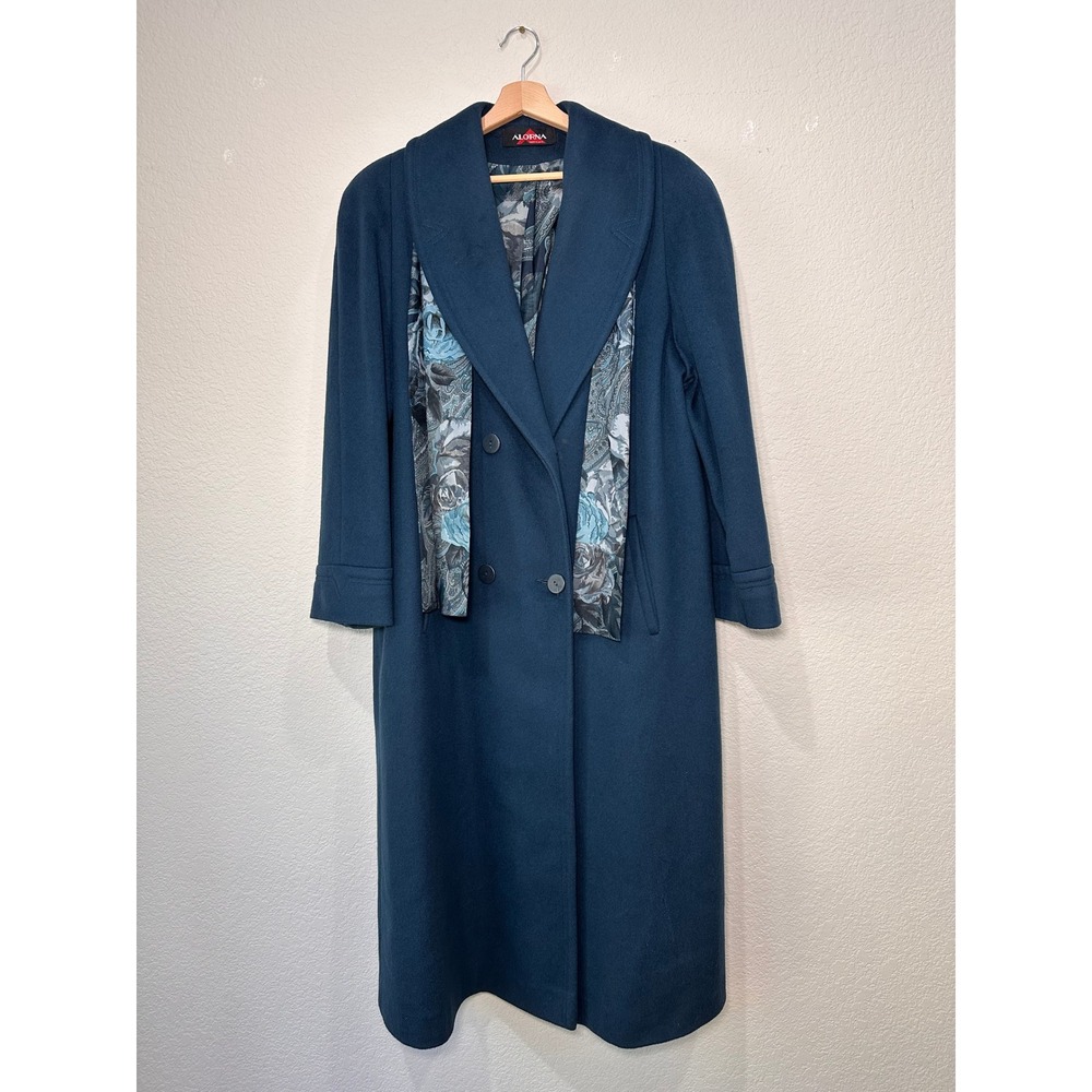 Alorna by Forstmann Vintage Wool Blend Long Coat Teal Blue Scarf Detail USA Made